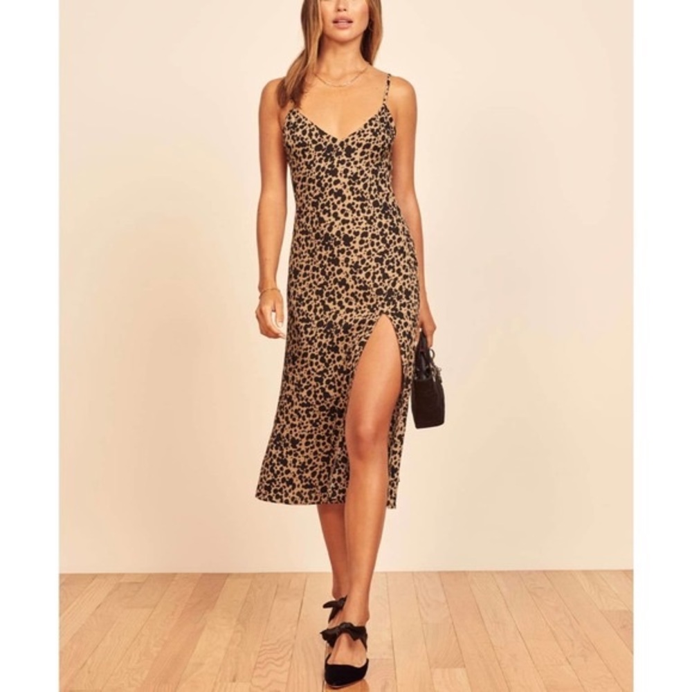 Reformation Alessandra Animal Print Cat Leopard Thin Strap High Slit Midi Dress
